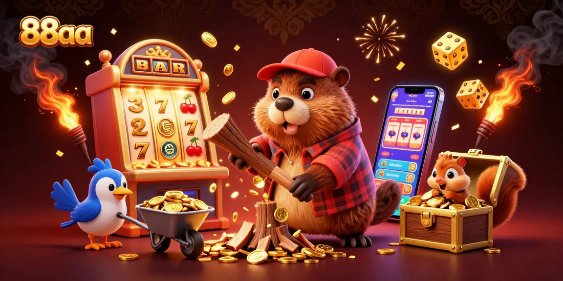 Experience thrilling winning action at 88aa with beaver and friends in a bustling casino environment full of coins and jackpots.