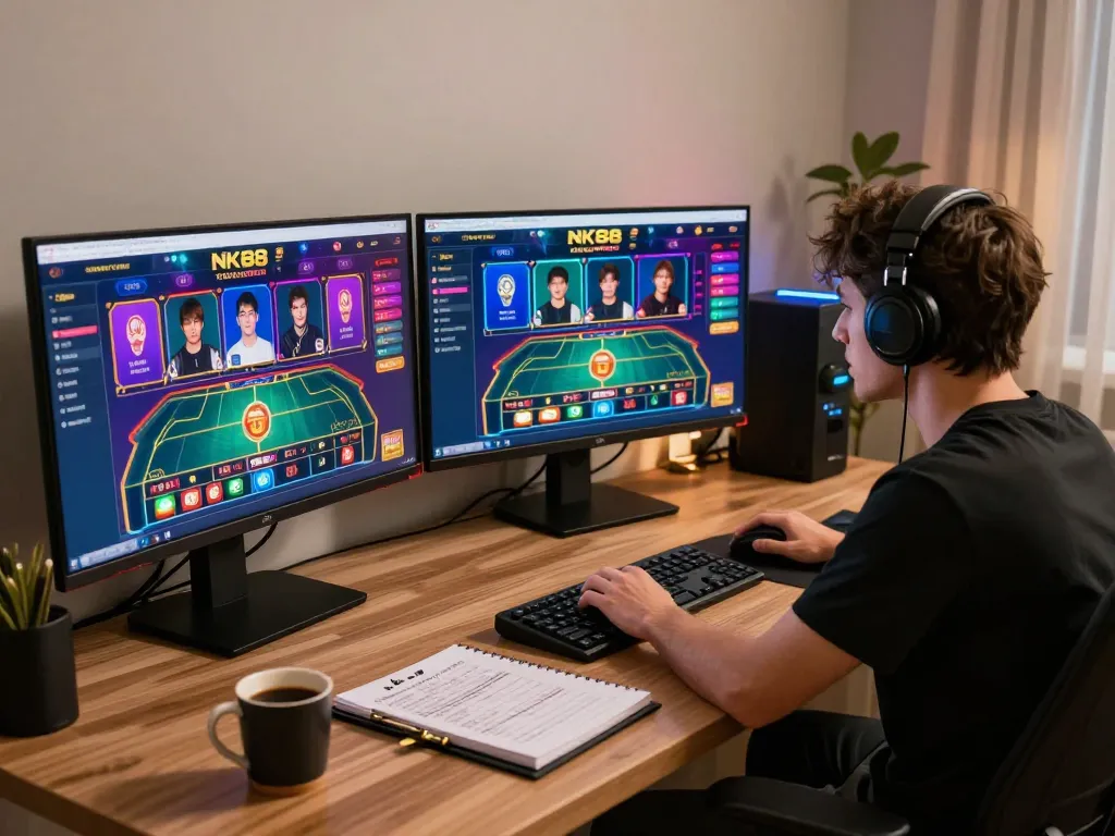 Player engaging in strategic online gaming at NK88, showcasing a focused gaming setup with multiple screens