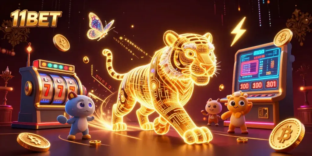 Experience thrilling gameplay with 11BET in a dynamic digital casino landscape featuring a neon tiger.