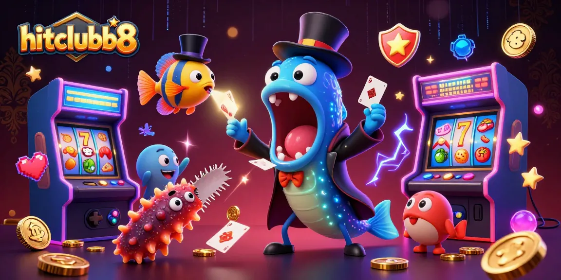 hitclubb8 showcases a vibrant casino scene with a deep-sea eel magician and lively game elements.