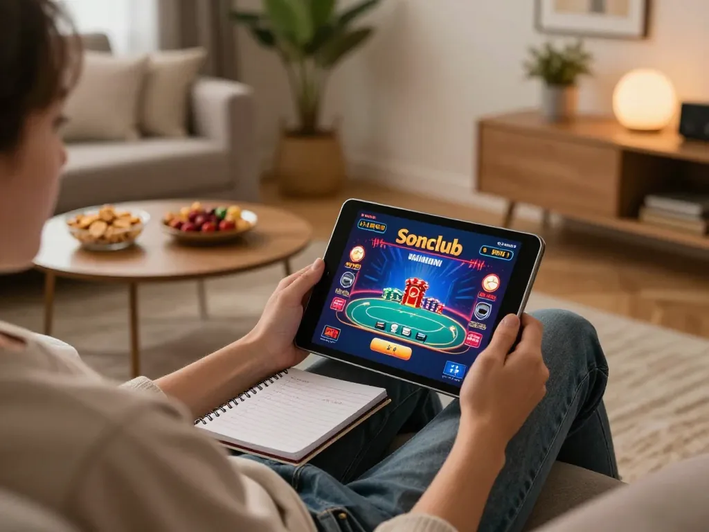 Engage in Sonclub online casino gaming with strategy notes at a cozy home setup.