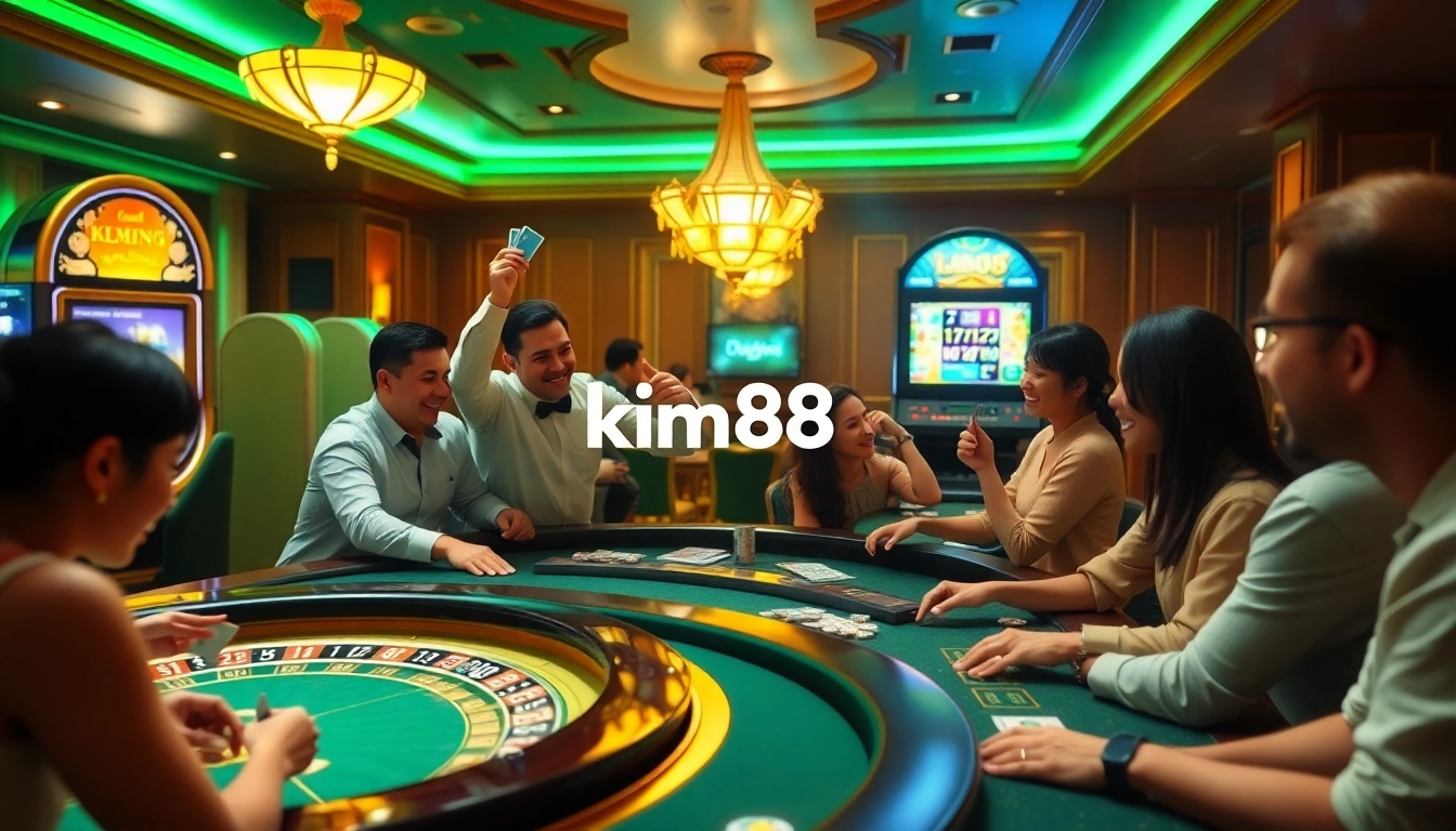 Players enjoying casino games at kim88, celebrating big wins with excitement.