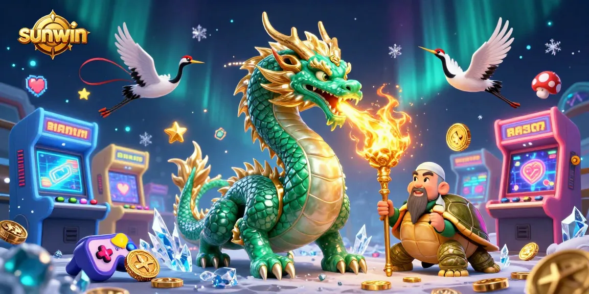 Experience the thrill of sunwin through a magical 3D illustration featuring a jade dragon and vibrant game elements.