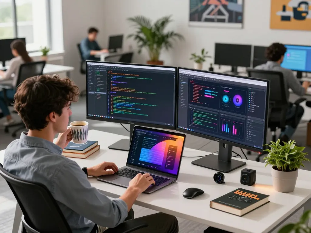 Developer engaged in creating spicy ai applications within a vibrant tech workspace, showcasing modern coding environment and collaboration.