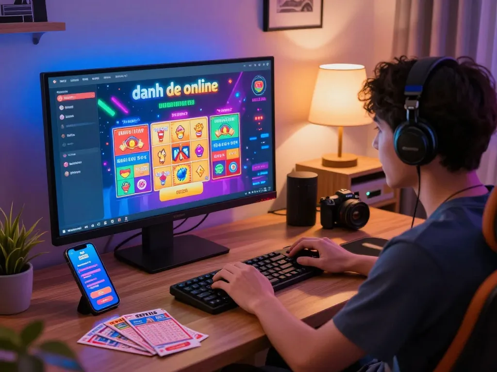 Engaging player participating in danh de online lottery from a cozy home setup surrounded by gaming elements.