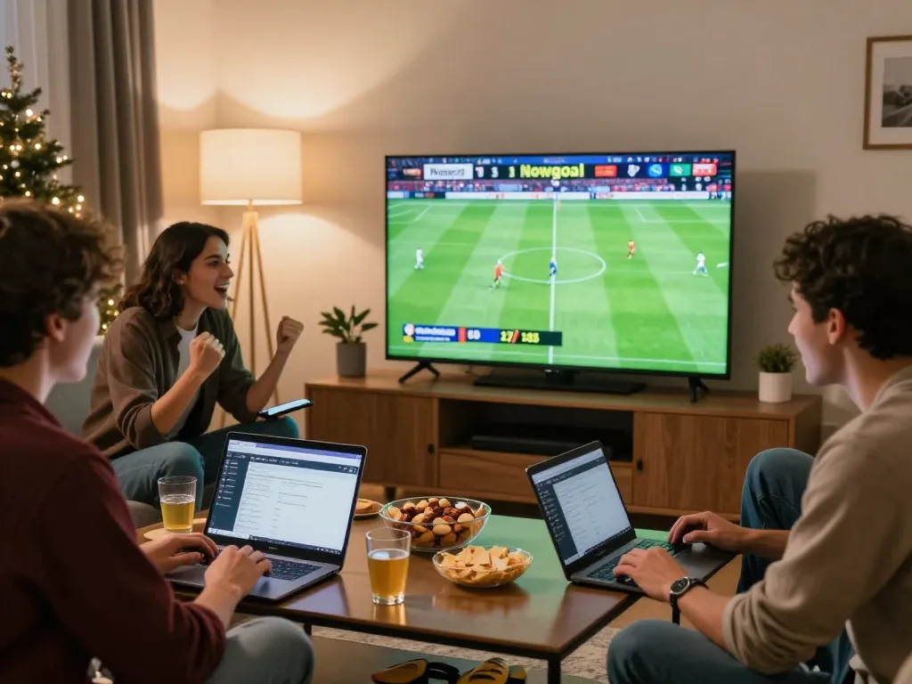 Friends enjoying sports betting with Nowgoal scores on TV in a cozy living room