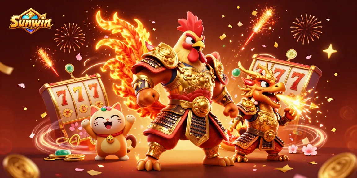 Experience thrilling wins at Sunwin with a powerful rooster warrior alongside a fierce dragon, celebrating casino excitement.