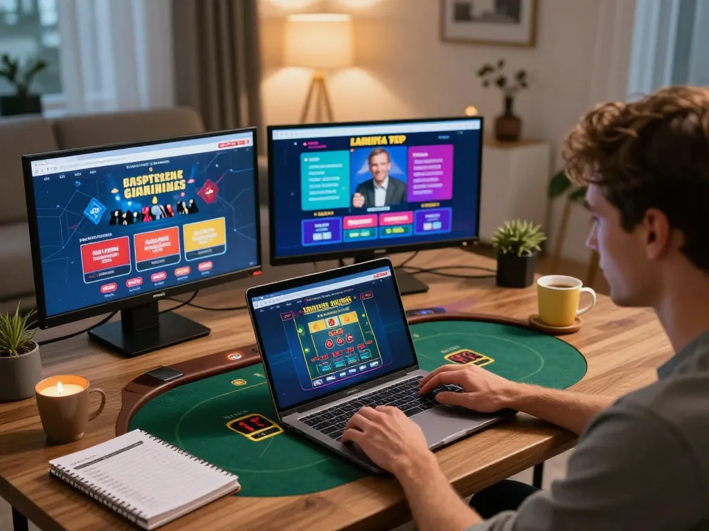 Player using SC88 casino platform on laptop, showcasing engaging online gaming experience in cozy atmosphere.