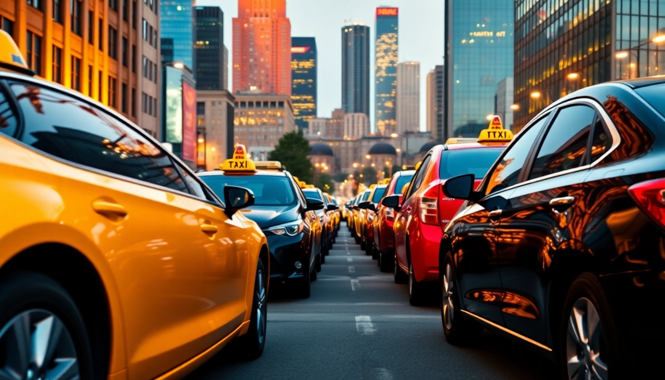 Cabs lined up on a vibrant city street, showcasing urban life and transportation.