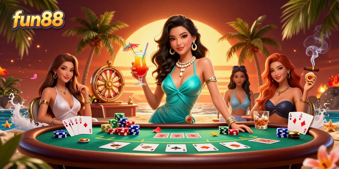 Engage with fun88's vibrant casino world featuring a glamorous woman and lively poker elements.