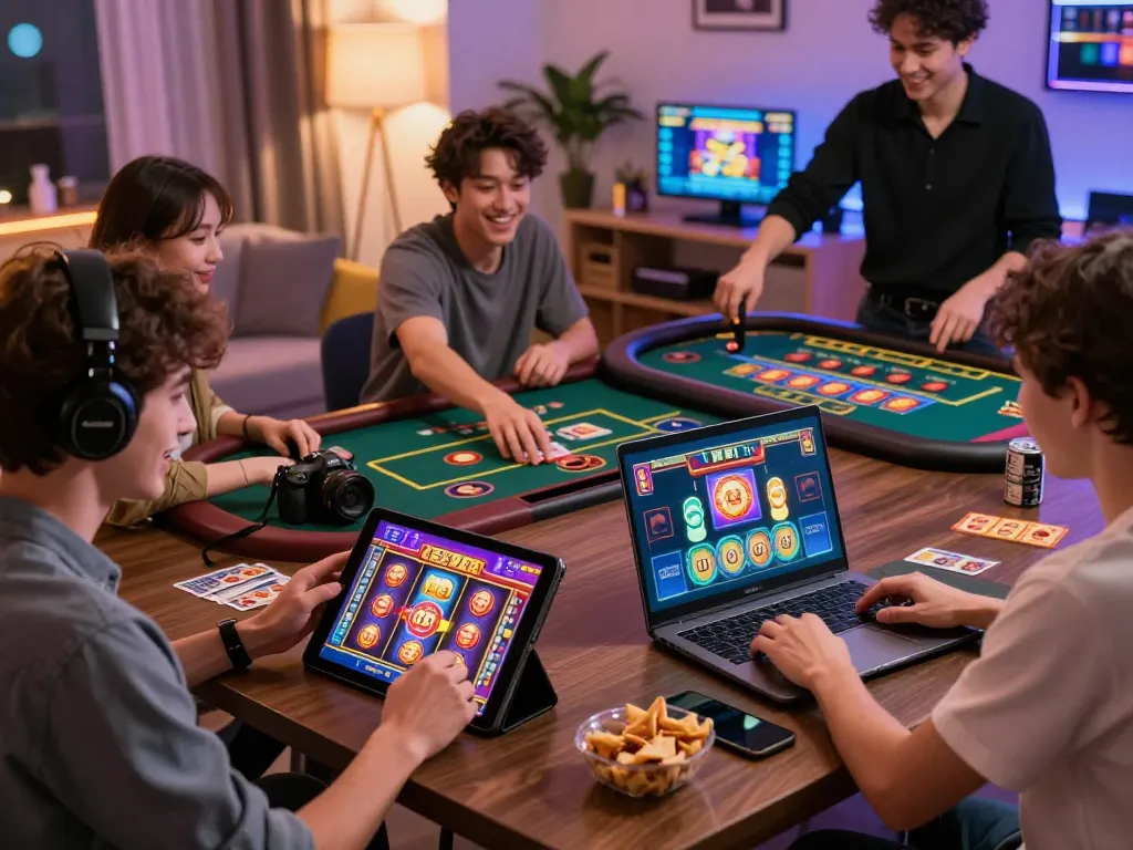 Exciting players enjoying the 789club gaming platform with slots, live casino, and card games in a vibrant home setting.