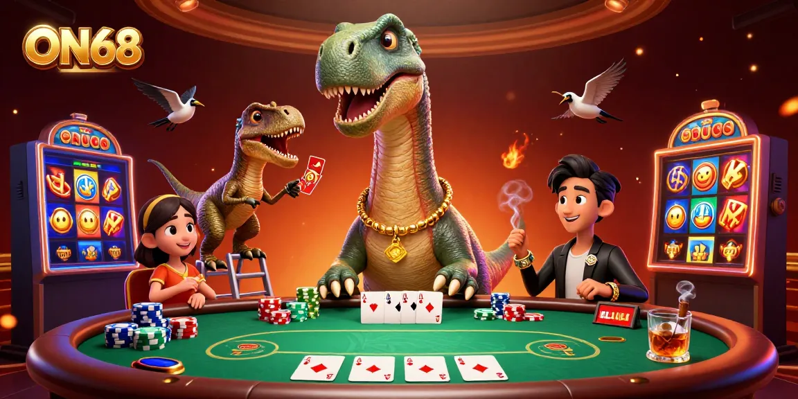ON68's dynamic scene features a cartoon brontosaurus and clever raptor dealing cards at a lively poker game.