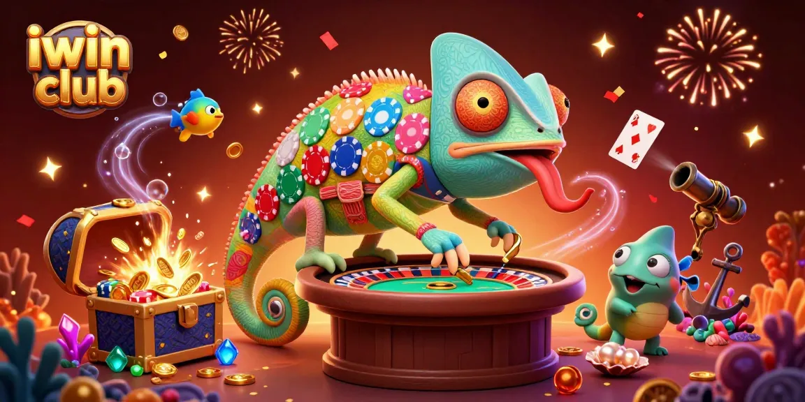 Visit iwin club for vibrant gaming experiences with a chameleon casino owner and festive atmosphere.