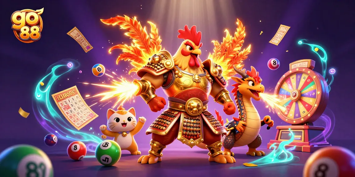 Experience go 88 with a powerful rooster warrior and lively casino elements in a vibrant scene.