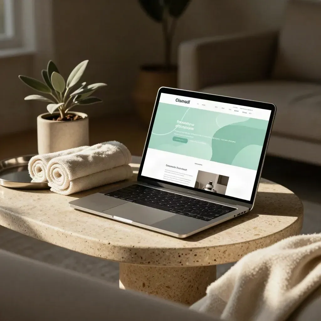 Glowing clinic website on tablet and laptop beside towels on a travertine table.