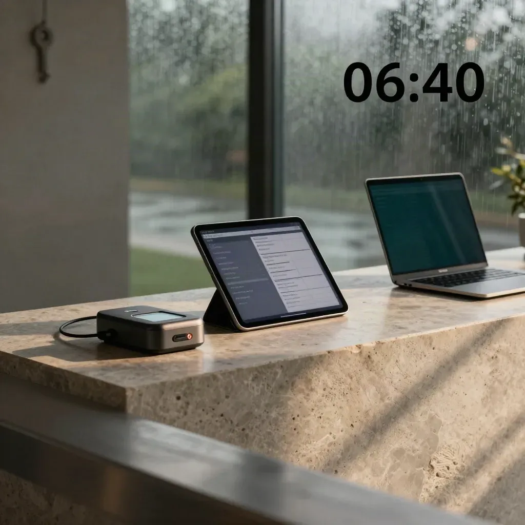 Luxury wellness-tech reception corner with booking tablet, payment terminal and laptop in moody light