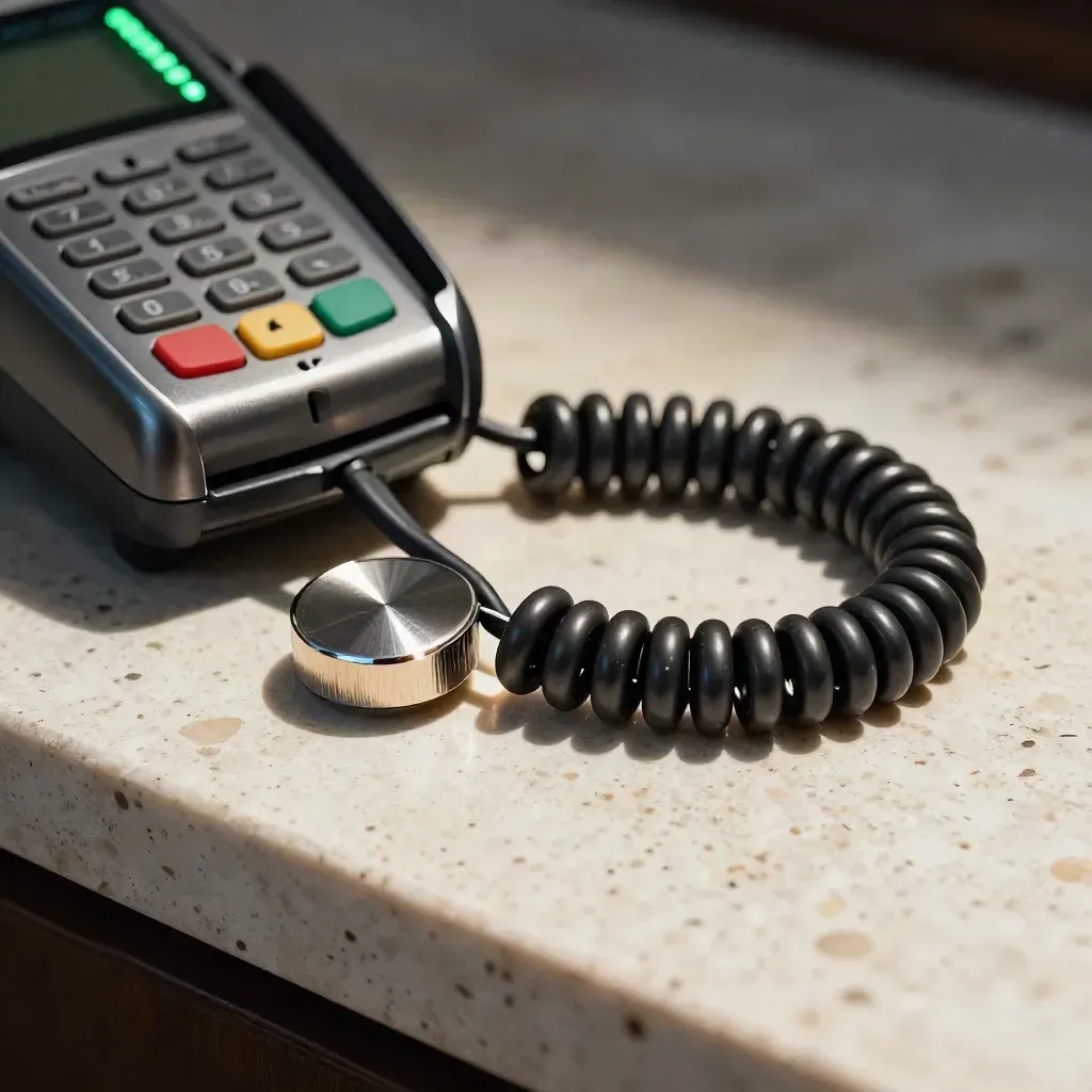 Macro of a card reader, tap token, and coiled cable on travertine with a green status light.