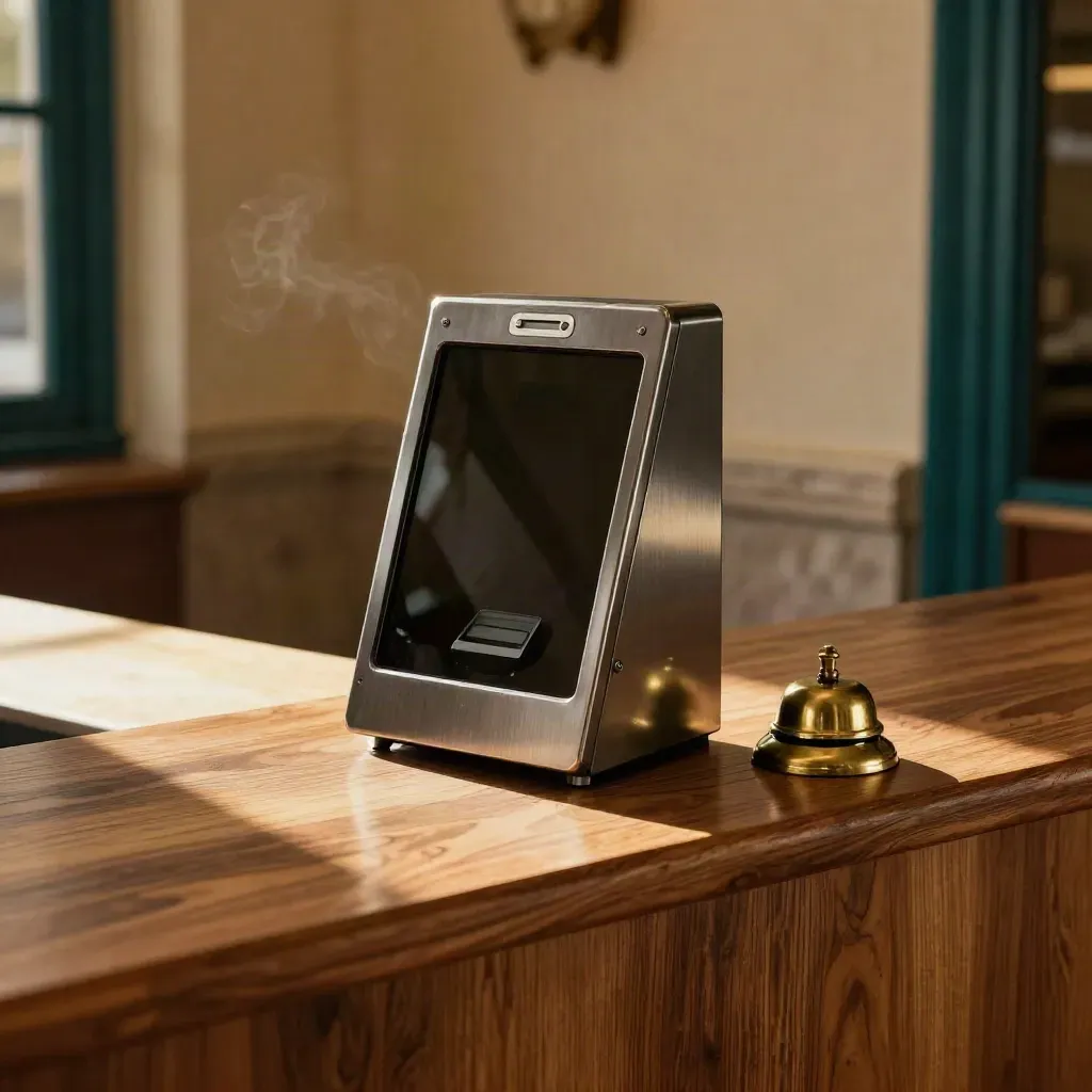 Self-booking kiosk, card terminal and brass bell on a warm walnut reception ledge