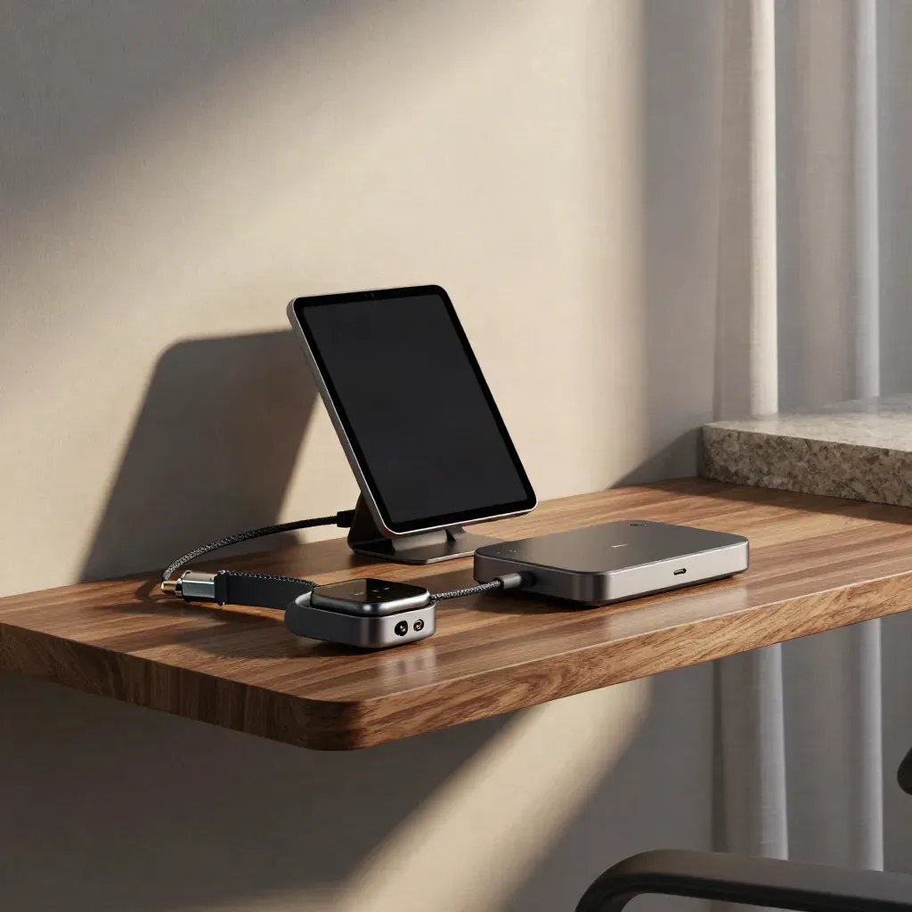 Wellness tablet, smartwatch dock, and sensor hub linked by cable on a matte shelf.