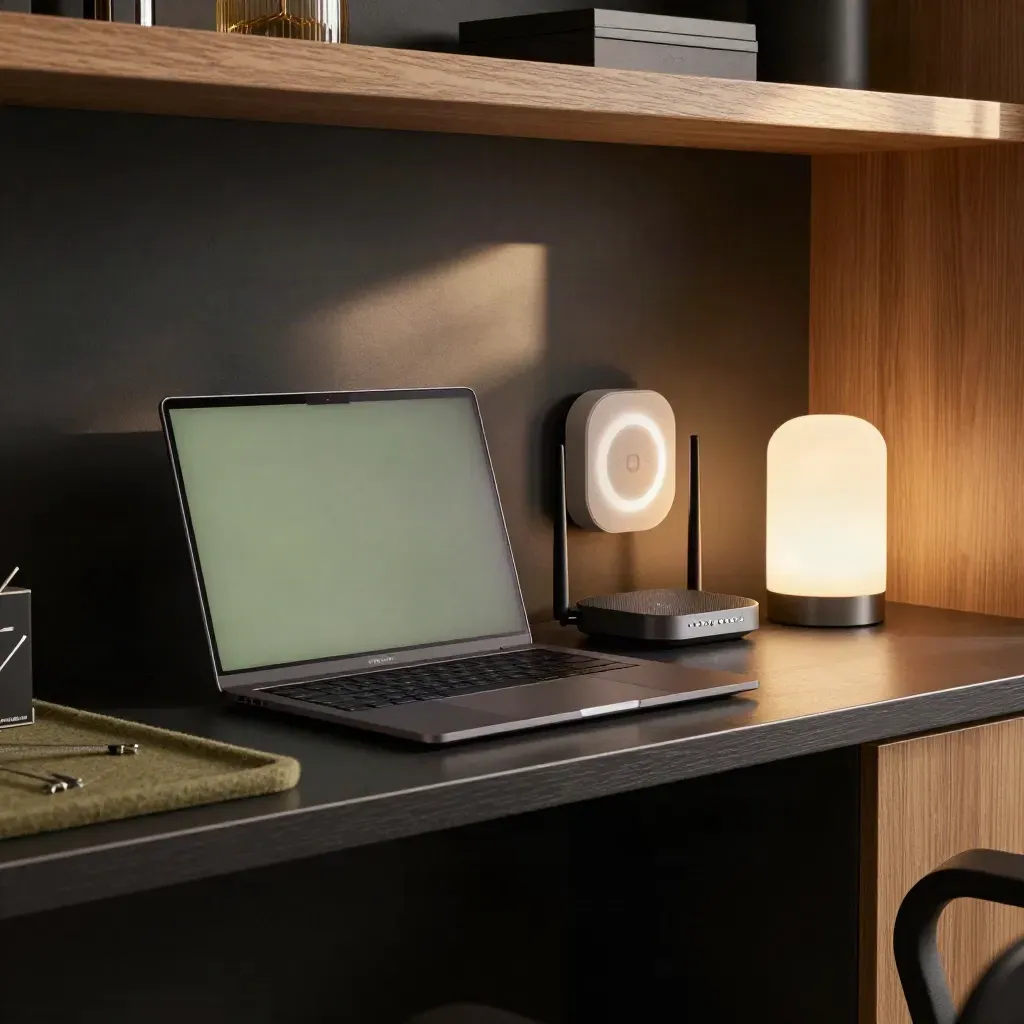 Closed laptop, mesh router, reminder hub and smart lamp glowing in a dark admin nook.