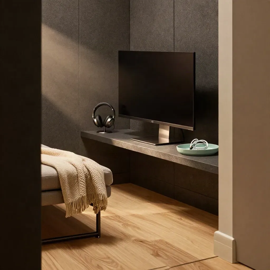 Telehealth nook with a dark monitor, headset stand and folded throw in warm doorway light.
