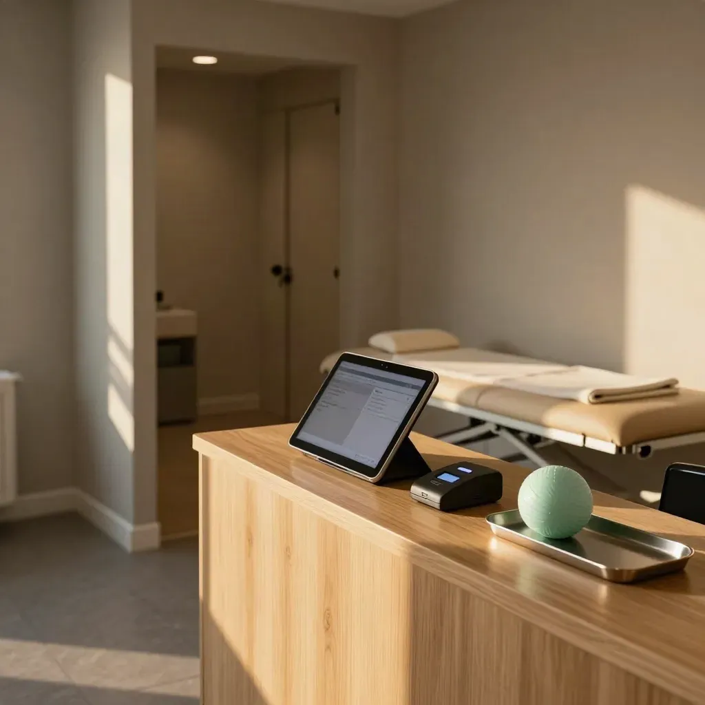 Empty London physio reception with booking tablet, contactless terminal, and treatment bench in warm light.