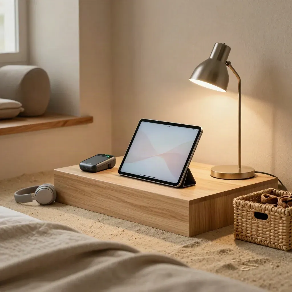 Tablet, payment terminal, headphones case and lamp in a calm wellness studio corner.