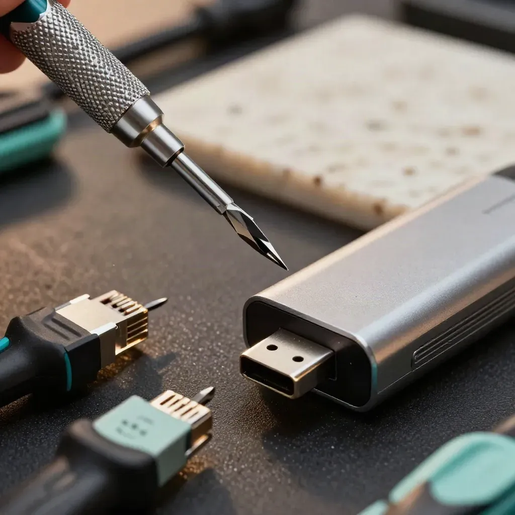 Macro of a screwdriver set, ethernet tester and USB-C hub on a rubber work mat.