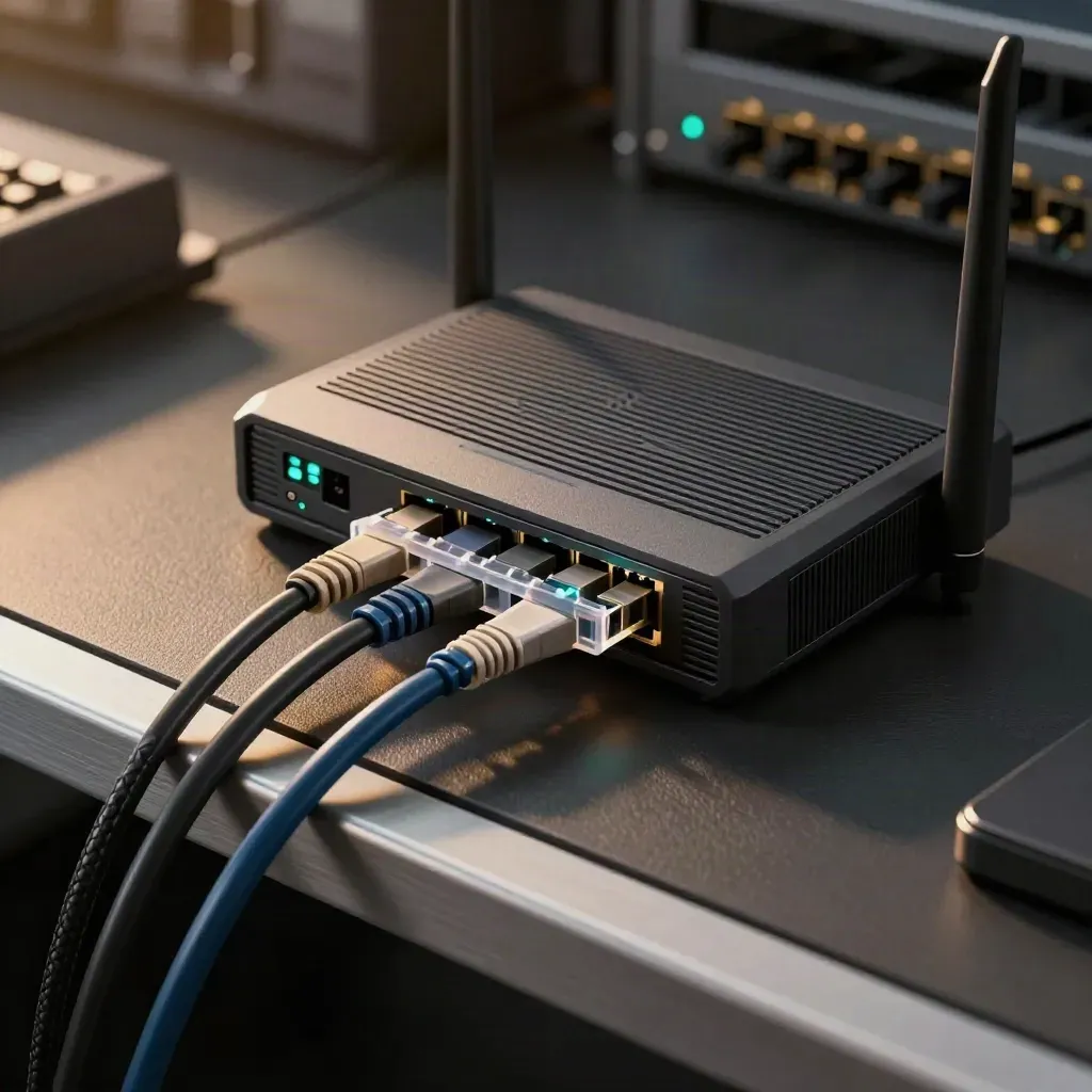 Router, patch cables and cable comb on a matte black bench in dramatic studio light.