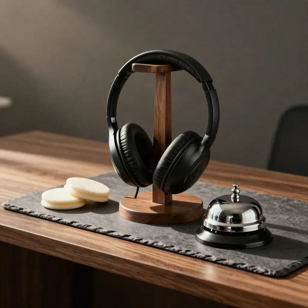 Noise-cancelling headset, spare ear cushions and a service bell on a walnut shelf in moody light