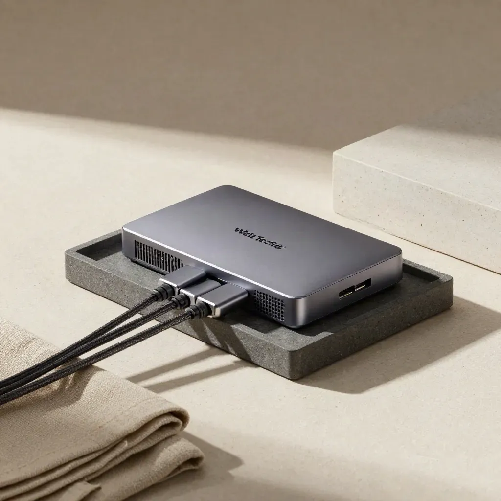 Router, card reader, USB-C hub and adapters arranged in a stone tray