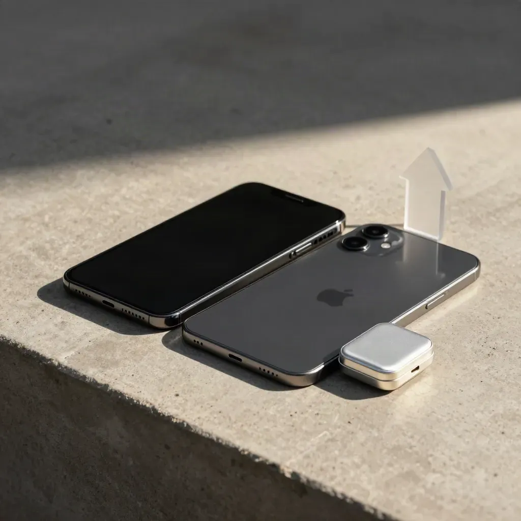Phone, tablet and payment puck on concrete, lit from one side for a final launch test.