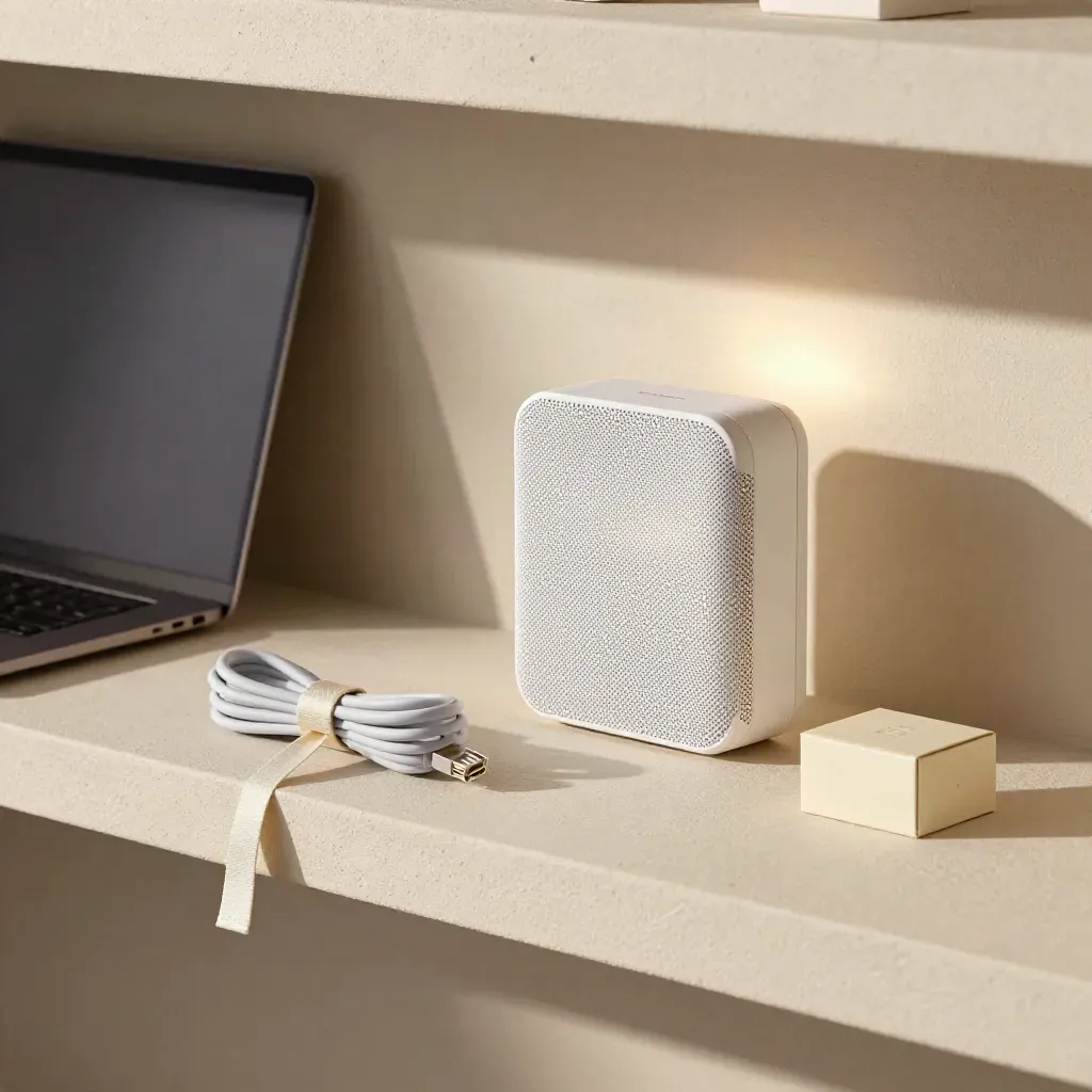 Glowing hub, closed laptop, coiled ethernet cable, and onboarding box on a plaster shelf.