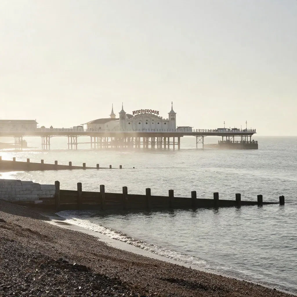 Brighton seafront and pier silhouette above calm shingle under pale coastal haze.
