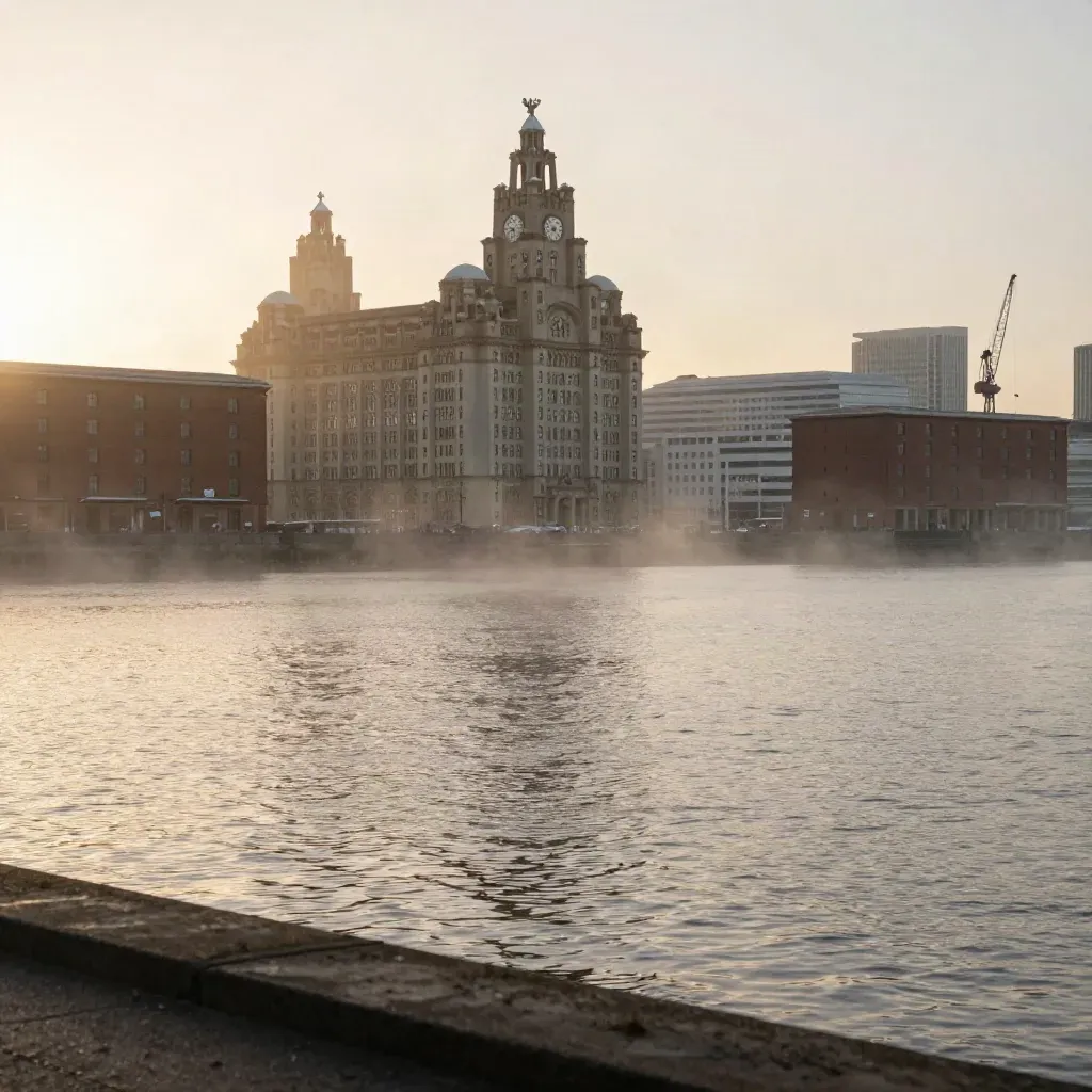 Liverpool waterfront in warm golden fog, skyline high above calm Mersey water.