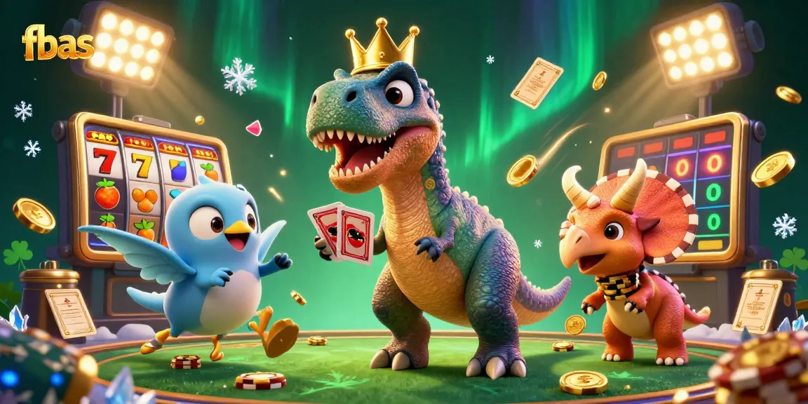 Engage with fbas at a vibrant online casino scene with action-packed characters, slot games, and golden chips.