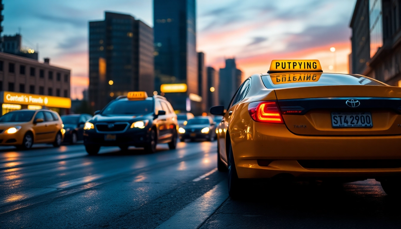 Efficient taxis navigating city streets illuminated by vibrant lights and sunset reflections.