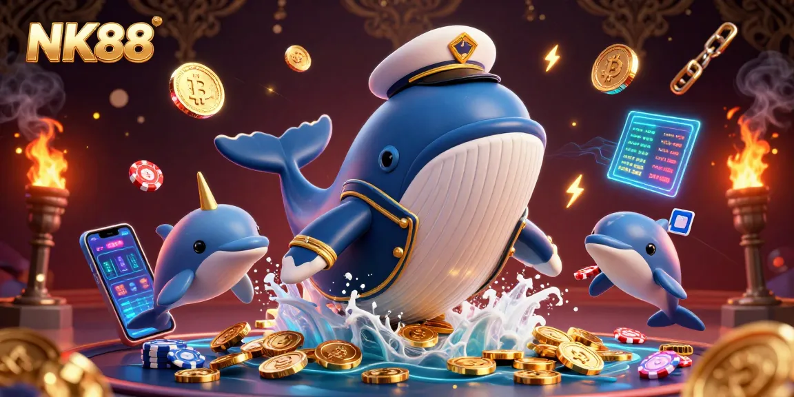 Experience thrilling gaming at NK88 with a whale breaching through coins while dolphins play with chips.