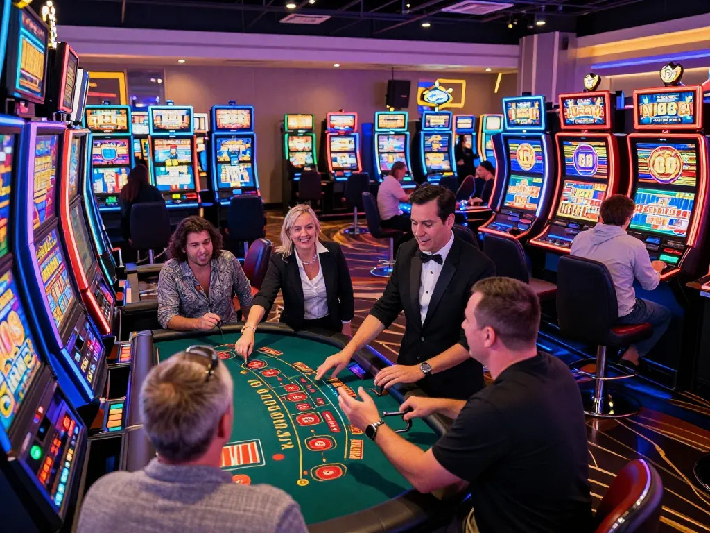 Players at the hit club casino enthusiastically engage with vibrant slot machines, celebrating wins.