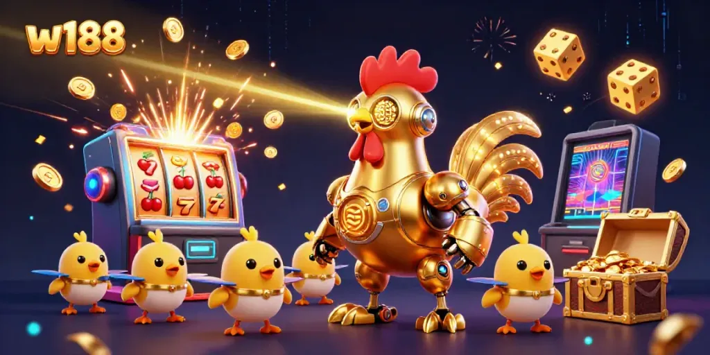 Experience w188's thrilling jackpot with a golden rooster robot and animated baby chick drones amidst vibrant casino elements.