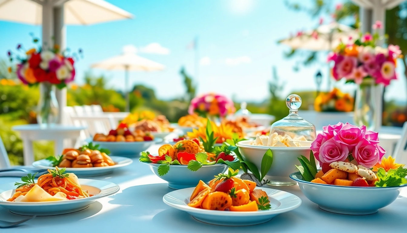 Professional cateringhirelondon setup featuring gourmet dishes and elegant decorations in an outdoor setting.