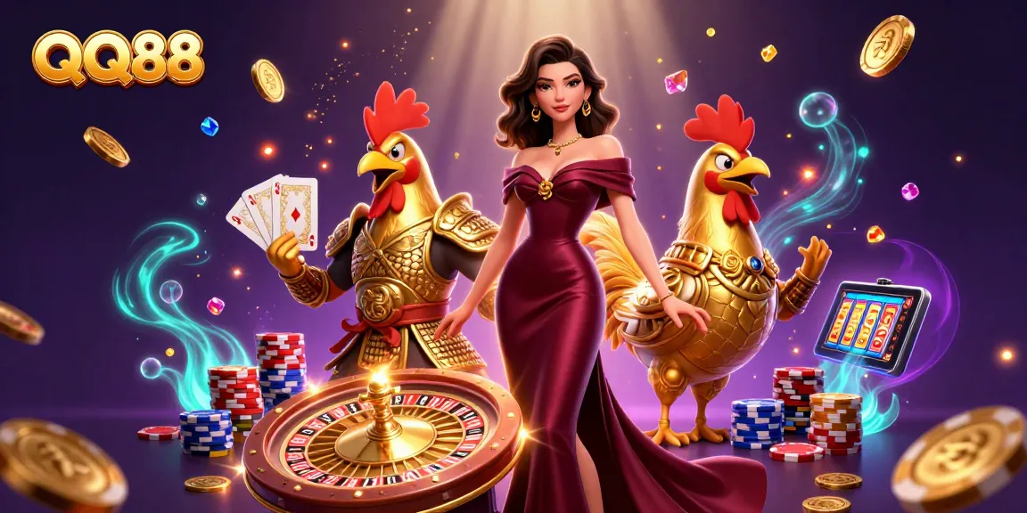 Experience thrilling action at QQ88 with a glamorous character and a golden rooster warrior, perfect for online gaming.