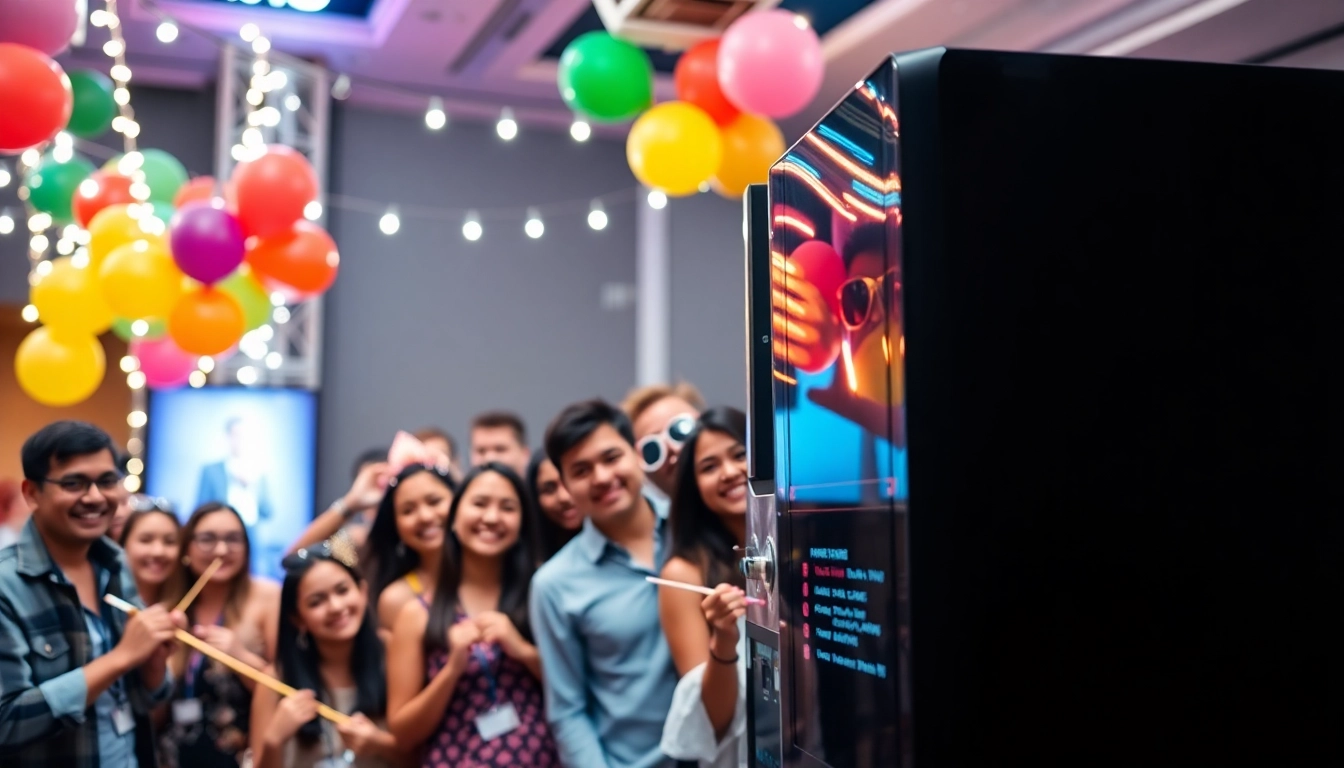 Guests enjoying a photo booth rental with fun props at a lively event.