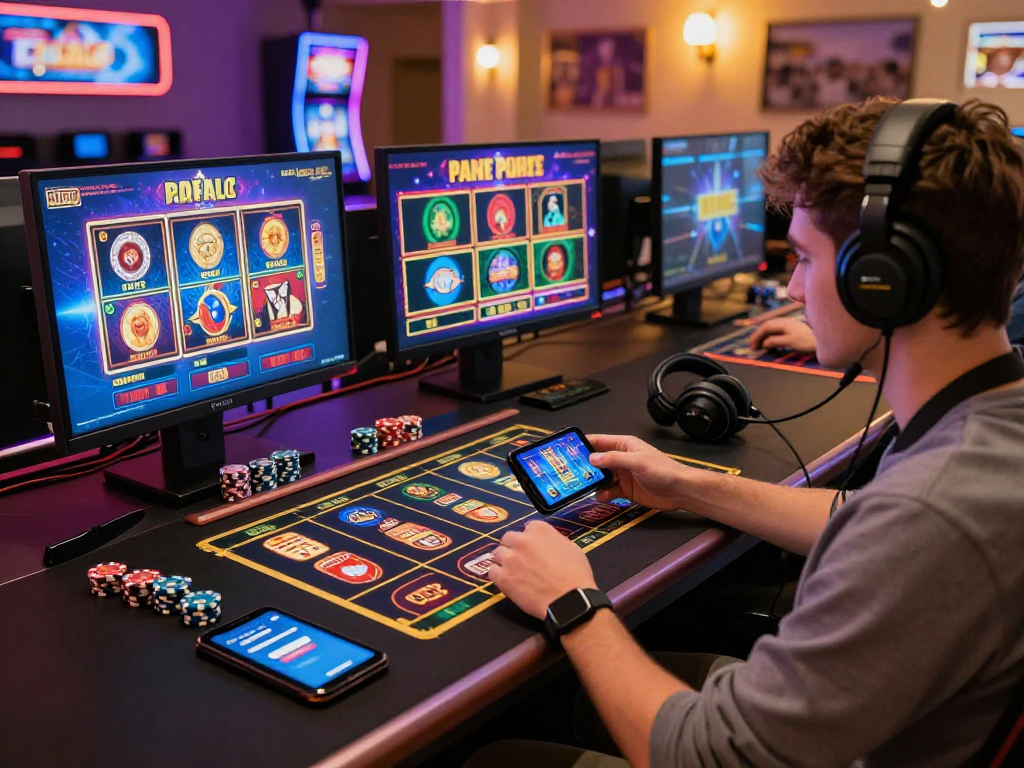 Player engaging with USA online casinos in a vibrant home gaming setup, showcasing colorful slot machines and interactive live dealer games.