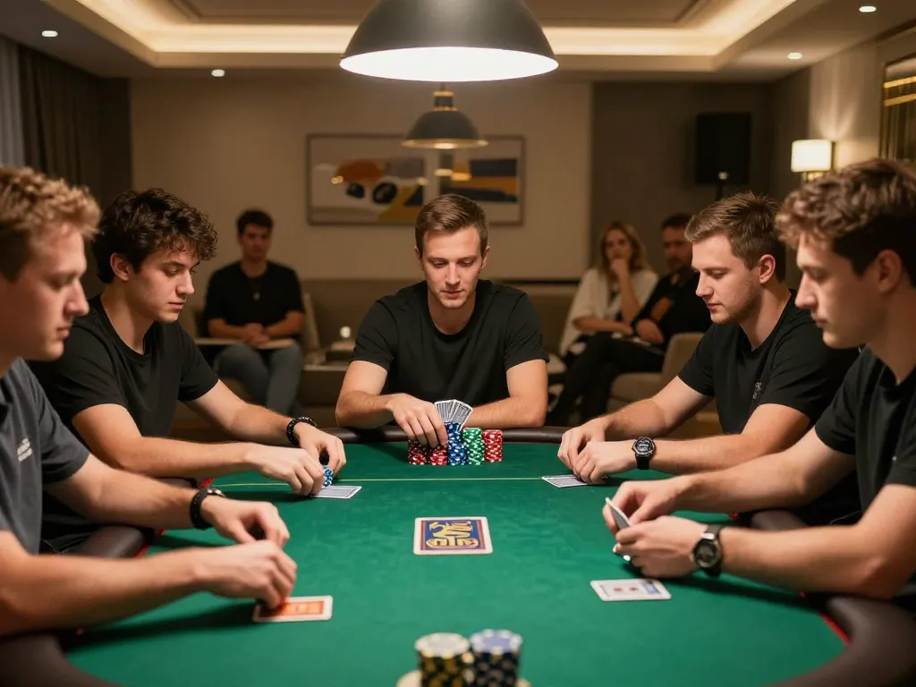 Cổng game 789Club features intense poker gameplay with players holding cards and stacking chips in a warm, inviting setting.