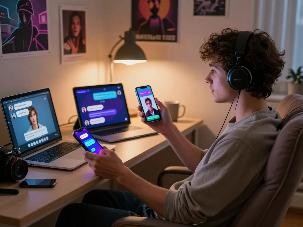 Engaging NSFW AI chat experience highlighting digital interaction with vibrant chat interfaces and a casual user environment.