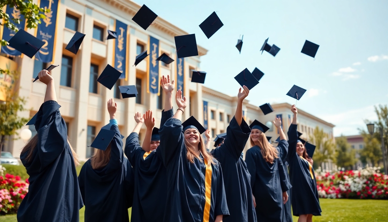 Graduates celebrating their achievements with caps in the air, symbolizing success and hope.