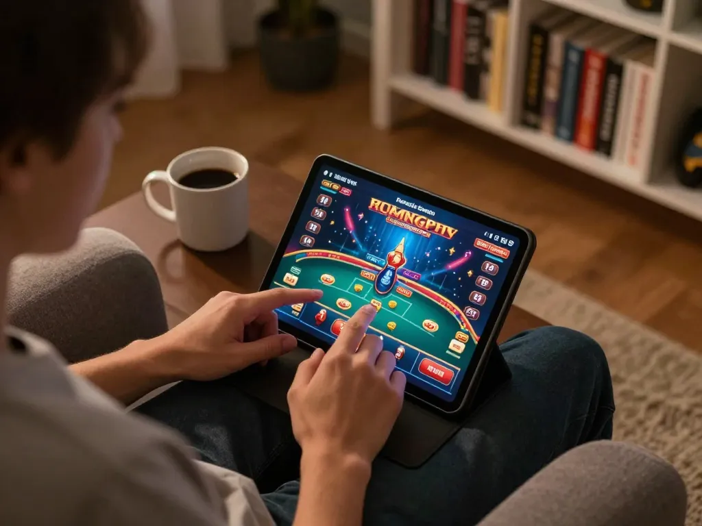 cm88 player engaging in online casino gaming from a cozy home setup with strategic notes.