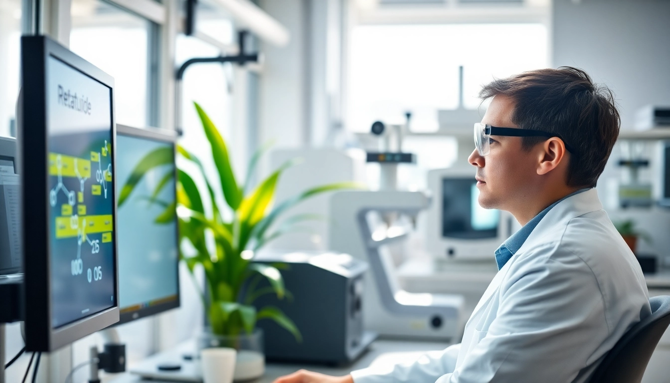 Researching Retatrutide in a modern lab with advanced analytical tools and vibrant plants.