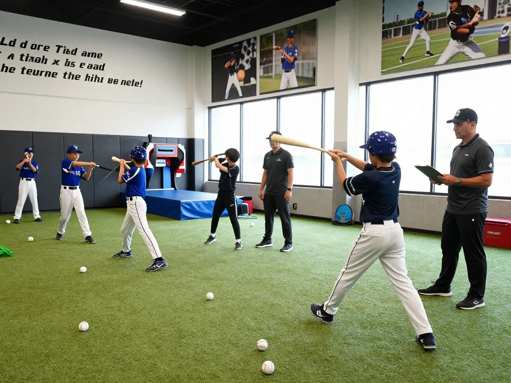 hitclub baseball training scene with young athletes practicing hitting techniques in a vibrant indoor facility.